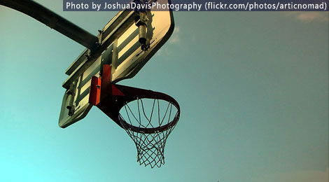 A basket ball hoop against a blue sky - original photo by JoshuaDavisPhotography (flickr.com/photos/articnomad)